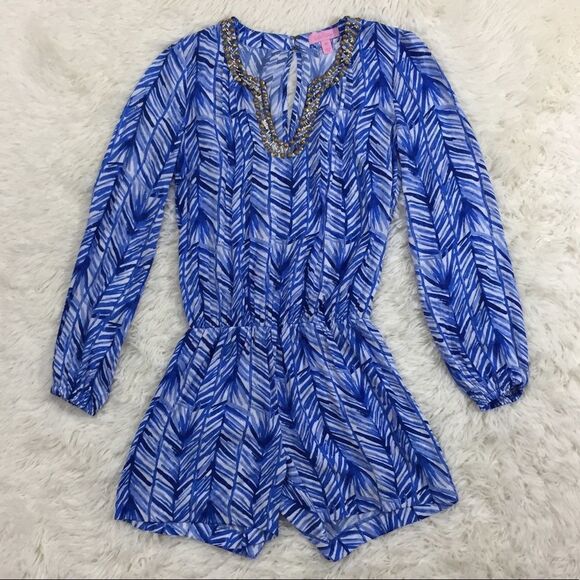 Lilly Pulitzer Colby Romper Lapis Blue Costa Verde Long Sleeve Swim Coverup XXS - Picture 3 of 8